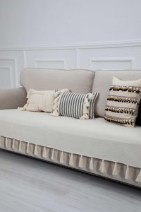 Aisha's Design KO-21 Keten Örgü Püsküllü Süngersiz Düz Bej Tekli Koltuk Örtüsü 90x210 cm