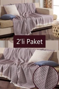 Miracolo Home Pamuklu Saçaklı Süngersiz Çizgili Bordo İkili Koltuk Örtüsü 180x220 cm