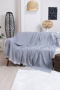 Ramsa Tekstil Naturel Pamuklu Örgü Saçaklı Süngersiz Geometrik Desenli Gri Tekli Koltuk Örtüsü 170x210 cm
