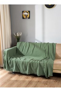 Oteks Home Collection Müslin Örgü Saçaklı Süngersiz Armürlü Yeşil Tekli Koltuk Örtüsü 200x200 cm