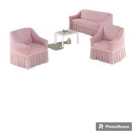 Uytm Pamuklu - Polyester Bürümcük-Likralı Drapeli Süngerli Çizgili Giydirmeli Pembe Üçlü Koltuk Örtüsü 80x120 cm