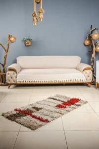 Eren Home Naturel Pamuklu Kanvas Püsküllü Süngersiz Armürlü Kahverengi Üçlü Koltuk Örtüsü 170x220 cm