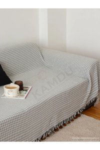 Yuens Pamuklu Polar Saçaklı Süngersiz Çizgili Gri Tekli Koltuk Örtüsü 180x300 cm