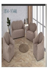 Asy Collection Pamuklu-Elestan Jakarlı Süngersiz Giydirmeli Lastikli Kahverengi Dörtlü Koltuk Örtüsü 165x285 cm