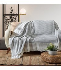 Homease Pamuklu Püsküllü Süngersiz Geometrik Desenli Gri Tekli Koltuk Örtüsü 170x210 cm