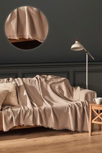 Ferinno Pamuklu Örgü Süngersiz Geometrik Desenli Bej Tekli Koltuk Örtüsü 170x200 cm