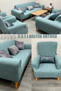 Bonjourmadame Polyester Süngersiz Çizgili Giydirmeli Lastikli Yeşil Dörtlü Koltuk Örtüsü 180x230 cm