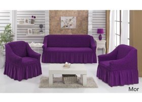 Karna Home Pamuklu Bürümcük Fırfırlı Süngersiz Kareli Giydirmeli Mor Beşli Koltuk Örtüsü 210x240 cm