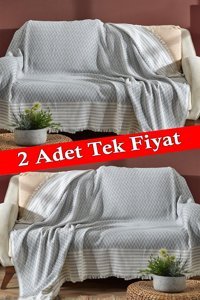 Fushia Trio Pamuklu Örgü Saçaklı Süngersiz Zikzaklı Bej İkili Koltuk Örtüsü 170x210 cm