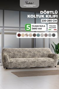 Paulato Mikrofiber Likralı Jakarlı Süngersiz Çizgili Giydirmeli Bej Dörtlü Koltuk Örtüsü 250x310 cm