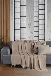 Ladynil Pamuklu Saçaklı Süngersiz Çizgili Bej Tekli Koltuk Örtüsü 180x220 cm