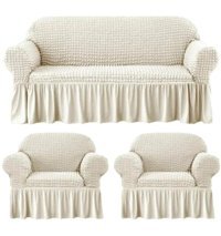 Iydgah Polyester Bürümcük-Likralı Fırfırlı Süngersiz Kapitone Giydirmeli Krem Üçlü Koltuk Örtüsü 180x50 cm