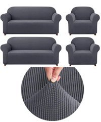 Uytm Polyester Bürümcük-Likralı Süngerli Çizgili Giydirmeli Gri Dörtlü Koltuk Örtüsü 180x230 cm