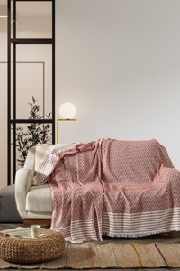 Vagonik Pamuklu Polar Saçaklı Süngersiz Çizgili Turuncu Tekli Koltuk Örtüsü 170x210 cm