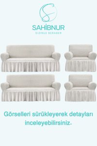 Sahibnur Pamuklu - Polyester Bürümcük Jakarlı Süngersiz Geometrik Desenli Giydirmeli Bej Dörtlü Koltuk Örtüsü 180x230 cm