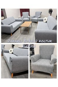 Güzel Aral Pamuklu - Polyester Jakarlı Kırçıllı Giydirmeli Gri 3-3-1-1 Koltuk Örtüsü 180x230 cm