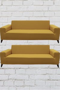 Şahane Ev Mikro Polyester Likralı Jakarlı Süngersiz Düz Giydirmeli Lastikli Hardal Üçlü Koltuk Örtüsü 51x42 cm