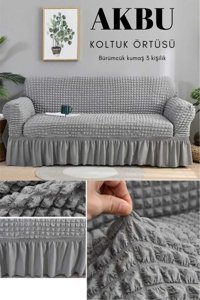 Akbu Pamuklu - Polyester Bürümcük Fırfırlı Süngersiz Giydirmeli Lastikli Gri Tekli Koltuk Örtüsü 183x230 cm