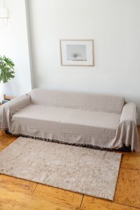 Koza Home Pamuklu Saçaklı Süngersiz Geometrik Desenli Bej Tekli Koltuk Örtüsü 300x170 cm