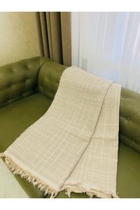 Akfil Pamuklu Püsküllü Süngersiz Çizgili Kahverengi Tekli Koltuk Örtüsü 200x170 cm
