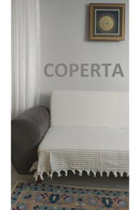 Coperta Pamuklu Kanvas Püsküllü Süngersiz Armürlü Bej Üçlü Koltuk Örtüsü 170x220 cm
