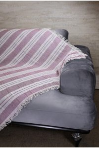 Efesan Pamuklu - Polyester Kanvas Saçaklı Süngersiz Ekoseli Bordo Üçlü Koltuk Örtüsü 180x220 cm