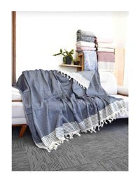 Osmanlı Home Concept Pamuklu Örgü Saçaklı Süngersiz Çizgili Lacivert Üçlü Koltuk Örtüsü 170x301 cm