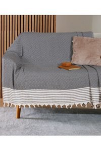Bumedo Pamuklu Kanvas Püsküllü Süngersiz Armürlü Antrasit Üçlü Koltuk Örtüsü 170x210 cm