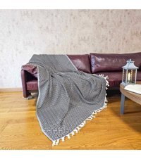 Czylife Pamuklu Kanvas Püsküllü Süngersiz Armürlü Siyah Üçlü Koltuk Örtüsü 200x200 cm