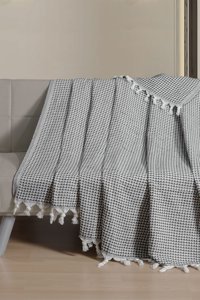Meslina Home Pamuklu Püsküllü Süngersiz Çizgili Siyah Tekli Koltuk Örtüsü 180x220 cm