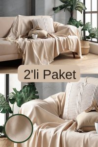 Miracolo Home Pamuklu Püsküllü Süngersiz Çizgili Kahverengi İkili Koltuk Örtüsü 170x230 cm