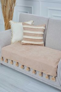 Aisha's Design KO-26-IK Polyester Örgü Püsküllü Süngersiz Düz Vizon Tekli Koltuk Örtüsü 90x155 cm