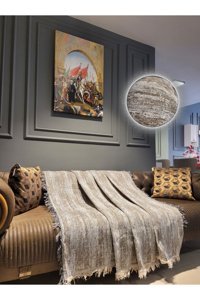 Obam Pamuklu Örgü Saçaklı Süngersiz Çizgili Kahverengi Tekli Koltuk Örtüsü 170x220 cm