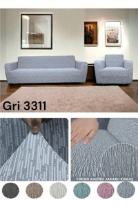 Seltenet Pamuklu Likralı Jakarlı Süngersiz Çizgili Giydirmeli Su Geçirmez Gri Tekli Koltuk Örtüsü 230x180 cm