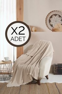 Lux Touch Vera Pamuklu Saçaklı Süngersiz Geometrik Desenli Bej İkili Koltuk Örtüsü 150x200 cm