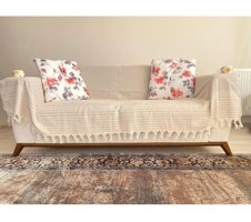 Skyrose Pamuklu Polar Saçaklı Süngersiz Çizgili Kahverengi Tekli Koltuk Örtüsü 220x180 cm