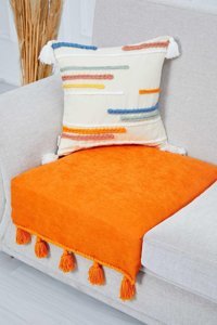 Aisha's Design KO-26-T Polyester Örgü Püsküllü Süngersiz Düz Turuncu Tekli Koltuk Örtüsü 90x75 cm