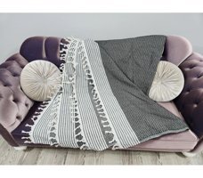 Mania Pamuklu Püsküllü Süngersiz Çizgili Siyah Tekli Koltuk Örtüsü 180x300 cm