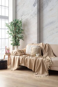 Miracolo Home Pamuklu Püsküllü Süngersiz Çizgili Kahverengi Tekli Koltuk Örtüsü 170x230 cm