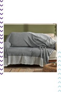 Bimbambom Pamuklu Püsküllü Süngersiz Zikzaklı Gri Tekli Koltuk Örtüsü 170x210 cm