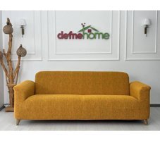 Defne Home Pamuklu - Polyester Likralı Jakarlı Süngersiz Armürlü Giydirmeli Sarı Sekizli Koltuk Örtüsü 220x180 cm