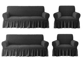 Uytm Polyester Bürümcük-Likralı Drapeli Süngerli Çizgili Giydirmeli Antrasit Dörtlü Koltuk Örtüsü 180x230 cm