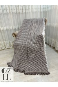 Özlü Home Pamuklu - Polyester Örgü Saçaklı Süngersiz Geometrik Desenli Kahverengi Tekli Koltuk Örtüsü 170x220 cm