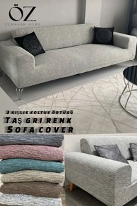 Özmakan Likralı Jakarlı Süngersiz Çizgili Giydirmeli Gri Üçlü Koltuk Örtüsü 180x230 cm