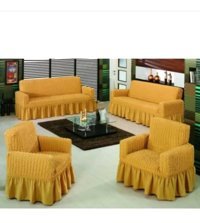 Akbu Pamuklu - Polyester Bürümcük Fırfırlı Süngersiz Giydirmeli Lastikli Sarı Dörtlü Koltuk Örtüsü 183x230 cm