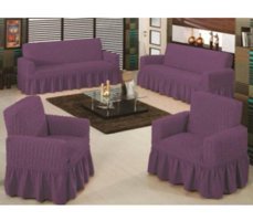 Lady Home Bürümcük Fırfırlı Süngersiz Kareli Giydirmeli Mor Dörtlü Koltuk Örtüsü 100x230 cm