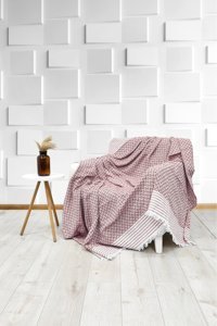 Favora Pamuklu - Polyester Örgü Püsküllü Süngersiz Geometrik Desenli Bordo Tekli Koltuk Örtüsü 170x210 cm