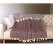 Koza Home Pamuklu - Polyester Saçaklı Süngersiz Çizgili Bordo Tekli Koltuk Örtüsü 180x220 cm