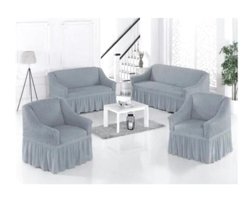 Uytm Polyester Bürümcük-Likralı Drapeli Süngerli Düz Giydirmeli Gri Dörtlü Koltuk Örtüsü 180x230 cm