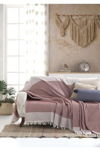 Lux Touch Bergama Pamuklu Püsküllü Süngersiz Geometrik Desenli Kiremit Tekli Koltuk Örtüsü 170x200 cm